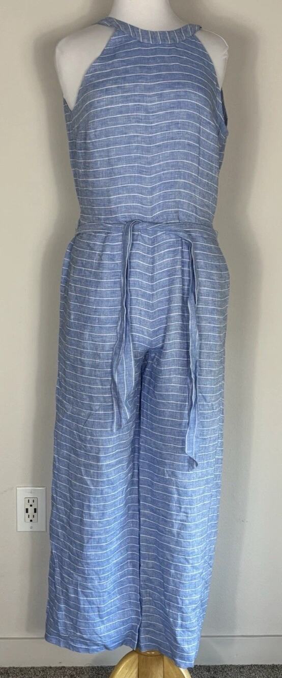 J. McLaughlin Linen Sleeveless Jumpsuit Romper Size 4 Blue White Striped Coastal - Picture 2 of 8